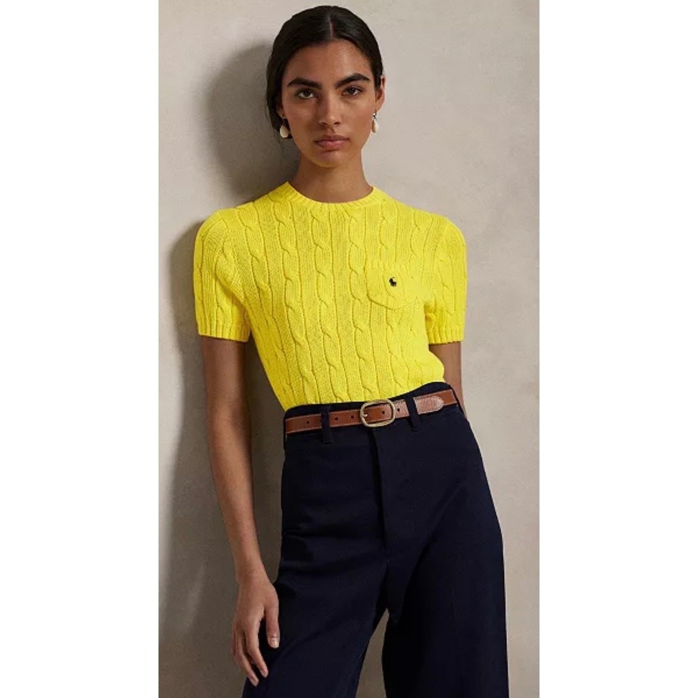 Polo Ralph Lauren Womens Yellow Cable Knit Short Sleeve Pocket Sweater Small